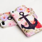 iphone 5 - Anchor on vintage floral iphone case, iphone 5 case, iPhone 4s case, iphone 4 case, hard plastic case